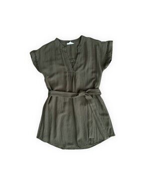 Mine Olive Green Boho Tunic Cap Sleeve V-Neck Tie Waist Crochet Trim Size